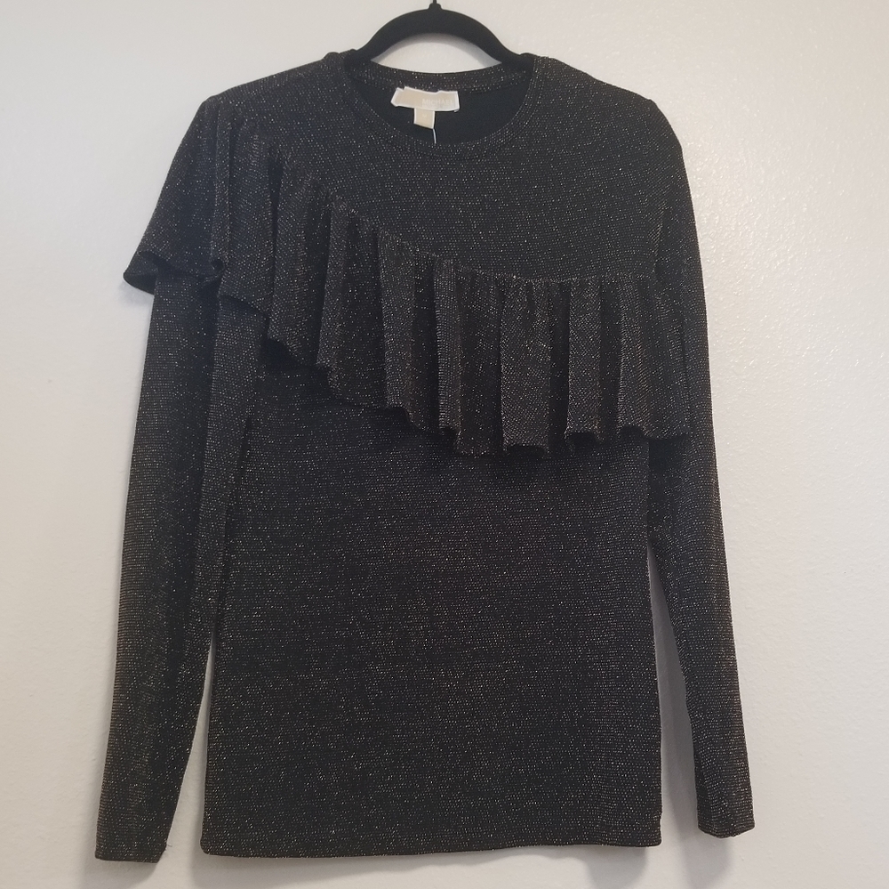 NWT Michael Kors Ruffle Blouse Gold Glitter Medium